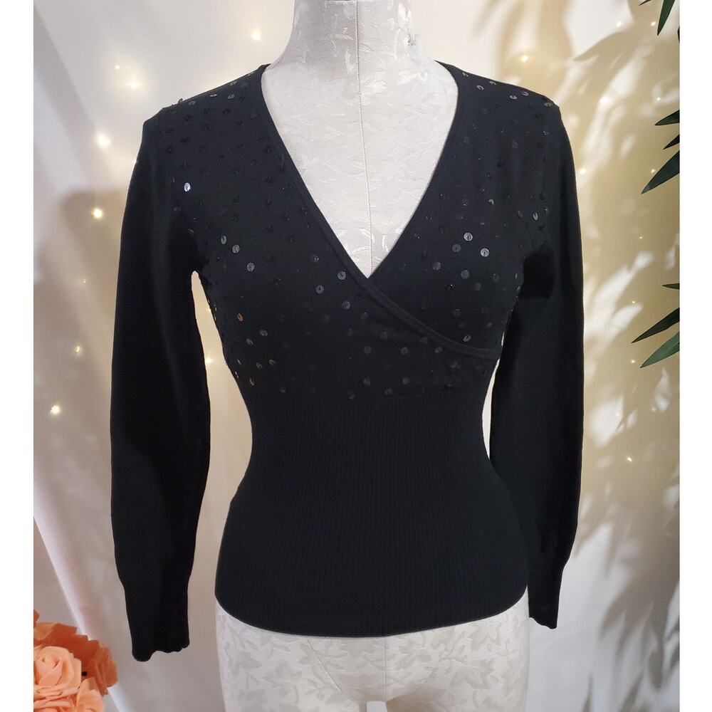 Vtg Say What? Y2K Silk Sequin Ribbed Crossover Sweater Womens Size L Black USA